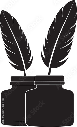 Feather Quill and Inkwell Silhouette Icon Black And White