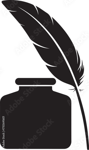 Feather Quill and Inkwell Silhouette Icon Black And White