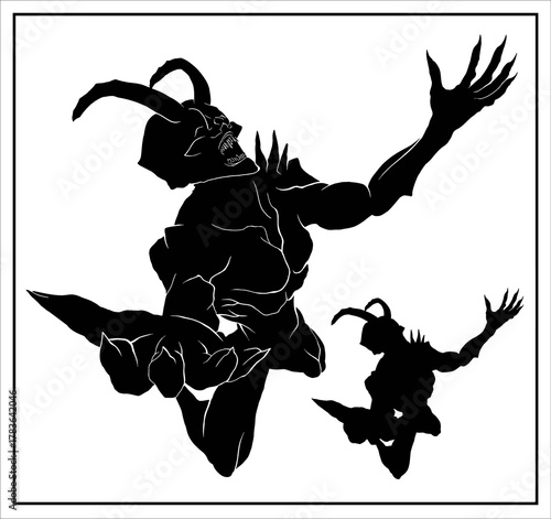 The silhouette of a fallen angel, a demon with horns on his head kneels with his arms raised. A dark fantasy character, a scary monster with an open mouth in full growth, without a background.