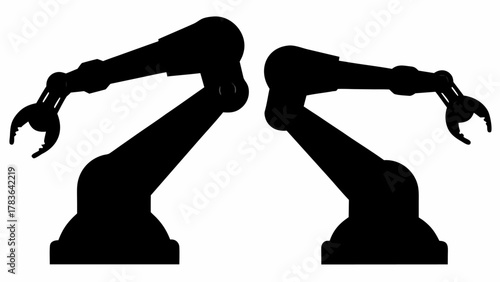 Silhouette illustration showcasing two industrial robotic arms with claw grippers in symmetrical arrangement