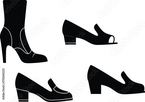 Women shoe silhouettes, fashion footwear vector illustration, boots sandals loafers pumps, stylish female shoes outline design for catalog, branding