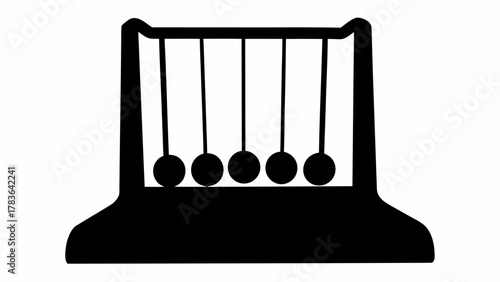 Illustration of a newton's cradle with five balls hanging from strings in a black silhouette style