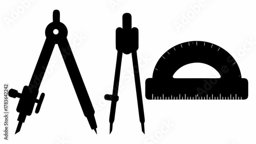 Illustration of two compasses and a protractor in black silhouette on a white background design tool