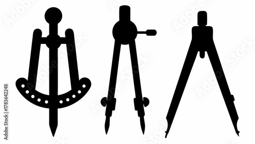 Three black silhouettes of different types of drawing compasses on a white isolated background view
