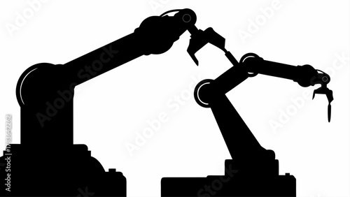 Two robotic arms in silhouette reaching towards each other in a manufacturing setting environment