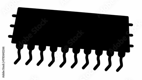 Silhouette of an integrated circuit chip with multiple pins in a black and white illustration