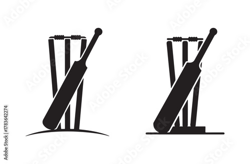 Cricket Stump Silhouette Vector Icon. Wicket, Bat and Ball, Sports Equipment Design.