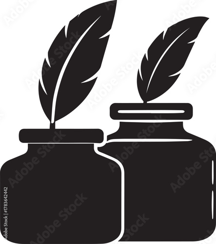 Feather Quill and Inkwell Silhouette Icon Black And White