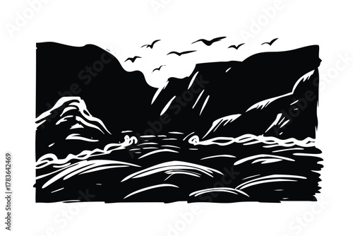 Ocean Cliff and Waves Vector Woodblock