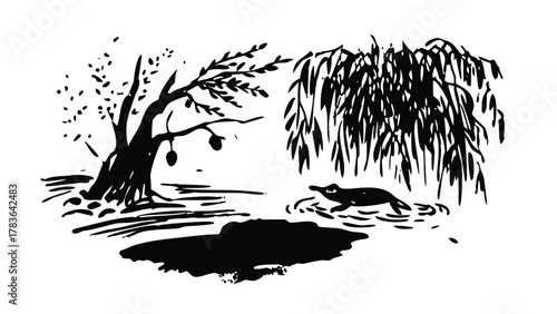 Sumi-e Nature Scene with River (Ink Sketch)