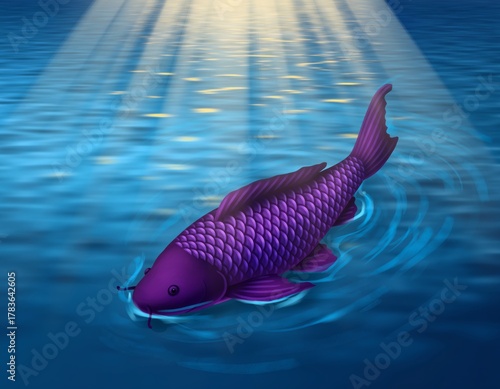 An amazing purple koi fish swimming gracefully in clear water