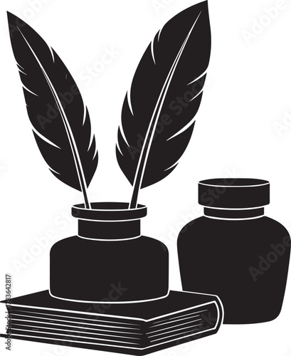 Feather Quill and Inkwell Silhouette Icon Black And White