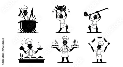 Vector illustration showing funny black silhouette cartoon chefs cooking, stirring pots, tossing spices, and presenting food with joy. Ideal for restaurant branding, cooking blogs, kitchen posters,