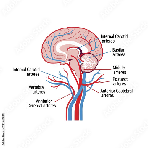 Human Brain Arterial System Anatomy Illustration with Labeled Vessels.