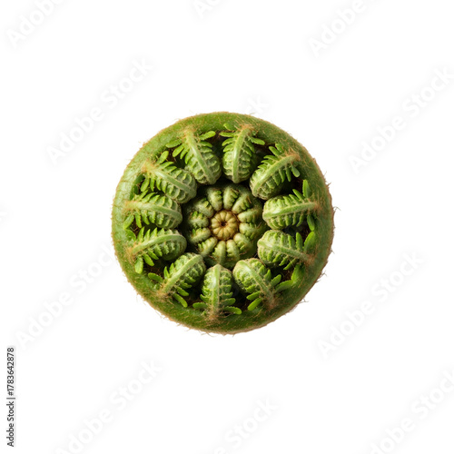 Close up of a green fern frond unfurling isolated on transparent background