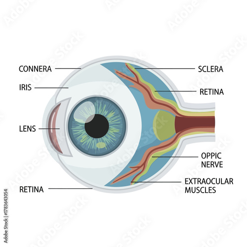 Human Eye Anatomy Diagram with Labeled Parts.