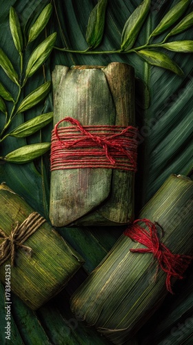 Nacatamal wrapped on banana leaf green background, dish from Nicaragua, minimalist food photo, template for social media, digital ads, web banners, mobile wallpapers, greeting card