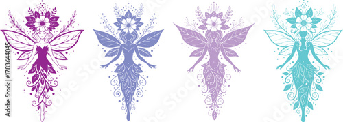 Four pixelated fairies in different shades against a stark art on transparent background