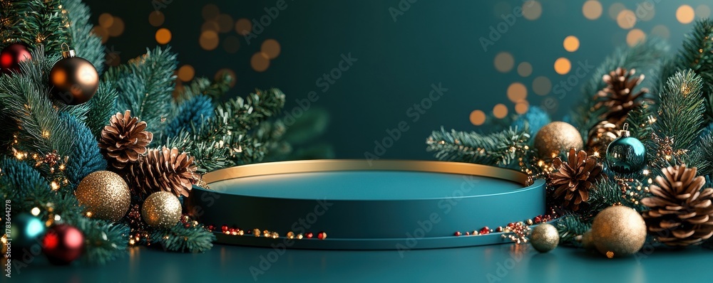 Naklejka premium Festive Christmas podium background with pine branches, gold ornaments, and decorative lights creating a warm holiday atmosphere