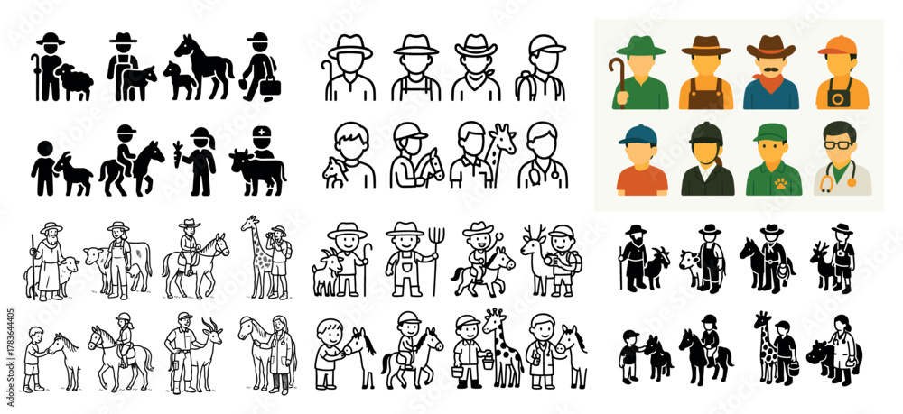 Naklejka premium Diverse animal and farmer icon set