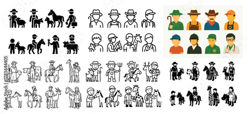 Diverse animal and farmer icon set