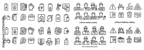 Lithium battery safety icons and workers illustration