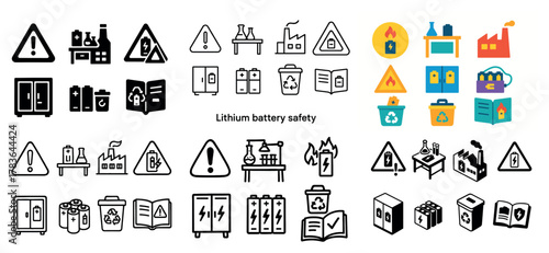 Lithium battery safety icons and symbols collection