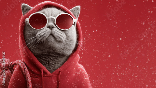 Cool cat wearing red hoodie and sunglasses on dark red background with copy space street style portrait