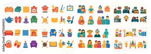 Colorful home and family icons illustrated in sets