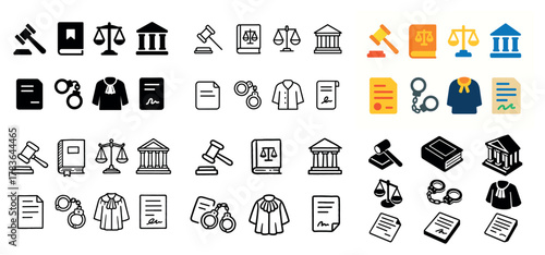 Legal icons collection: gavel, scales, documents, court