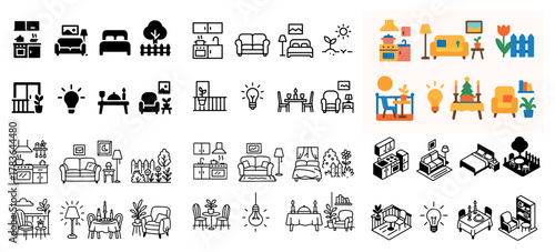 Colorful living room furniture icons set