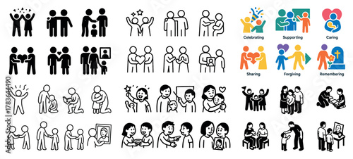 Stick figure icons of friendship and family activities