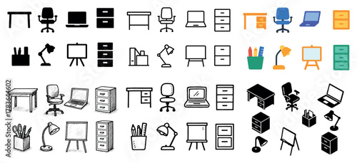 Office furniture and equipment in various styles