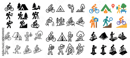 Outdoor adventure icons: biking, hiking, camping