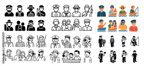 Nautical icons featuring diverse sailors and captains