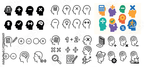 Various brainstorming and math head icons collection