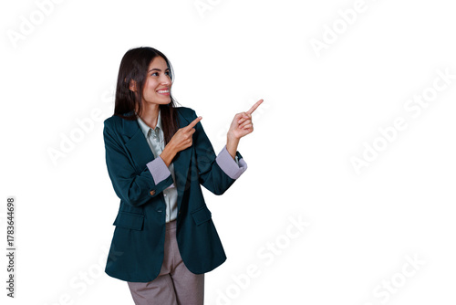 Businesswoman smiling, pointing fingers presenting direction, showing opportunities, transparent background