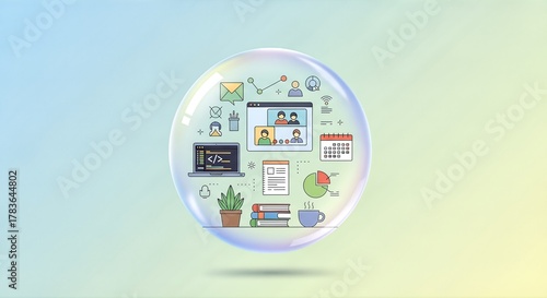Digital Workspace Concept: Icons Inside a Transparent Bubble, Modern Design.