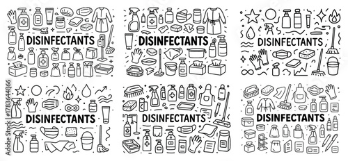 Collection of various disinfectant icons and tools