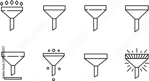 Marketing funnel icon collection, simple filter process design, minimal business conversion symbols, clean outline vector set for data optimization concept