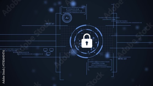 futuristic cyber security interface with digital lock symbol. virtual cyber lock for sensitive data safety. internet safety firewall on abstract blue hud background. 