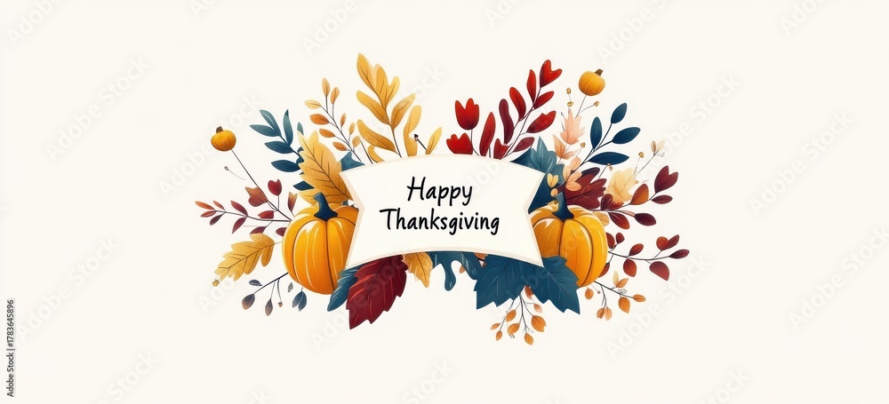 Obraz premium Elegantly designed Happy Thanksgiving text with autumn leaves