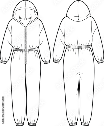 Women’s hooded jumpsuit illustration, technical flat sketch, zipper closure, elastic waist, cuffed sleeves, ankle elastic, front and back view