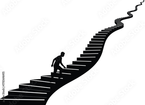 Silhouette of a lone man climbing a long, winding, serpentine staircase toward the top, symbolizing challenge, success, ambition, hard work, career growth, progress, and difficult journey.