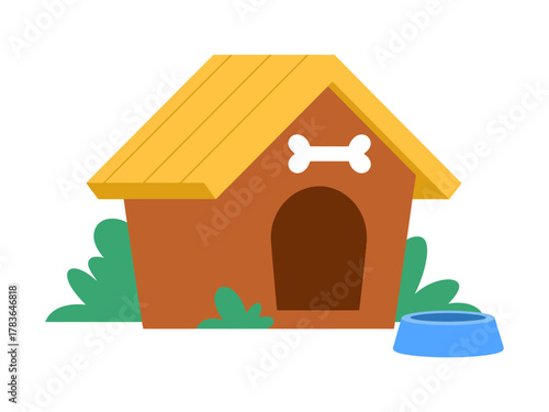 Playful and inviting illustration of a dog house surrounded by greenery, perfect for pet lovers, family-oriented projects, and pet care materials.