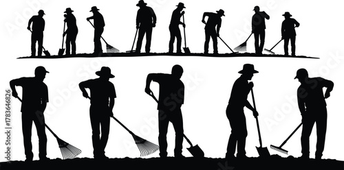 Silhouettes of Gardeners Working with Tools in Field, Farming Laborers Digging, Raking, Landscaping, Agriculture Activity, Outdoor Manual Work Scene