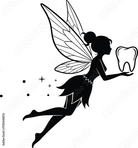 Tooth Fairy silhouette flying with magical sparkling trail and holding a molar tooth, symbolizing children's dental health, fantasy, magic, imagination, childhood legend, and happy memory tradition.