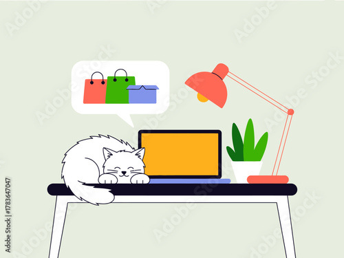 A warm and inviting workspace featuring a sleeping cat beside a laptop, embodying comfort and tranquility in a home office, highlighting the blend of productivity and relaxation.