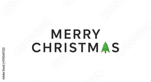 Simple and clean merry christmas text with a small green pine tree replacing the letter s on a white background