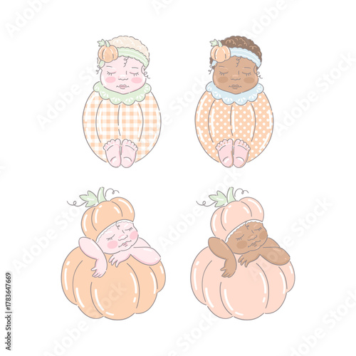 Cute Pumpkin Baby Clipart Set. Pastel Autumn Newborn Illustrations with Sleeping Babies in Pumpkins for Nursery and Baby Shower Design